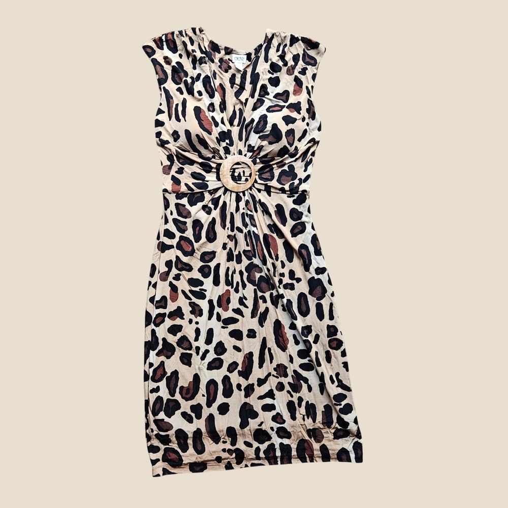 Cache Womens Leopard Print V-Neck Sheath Dress Wooden Ring Detail Size 12 Brown